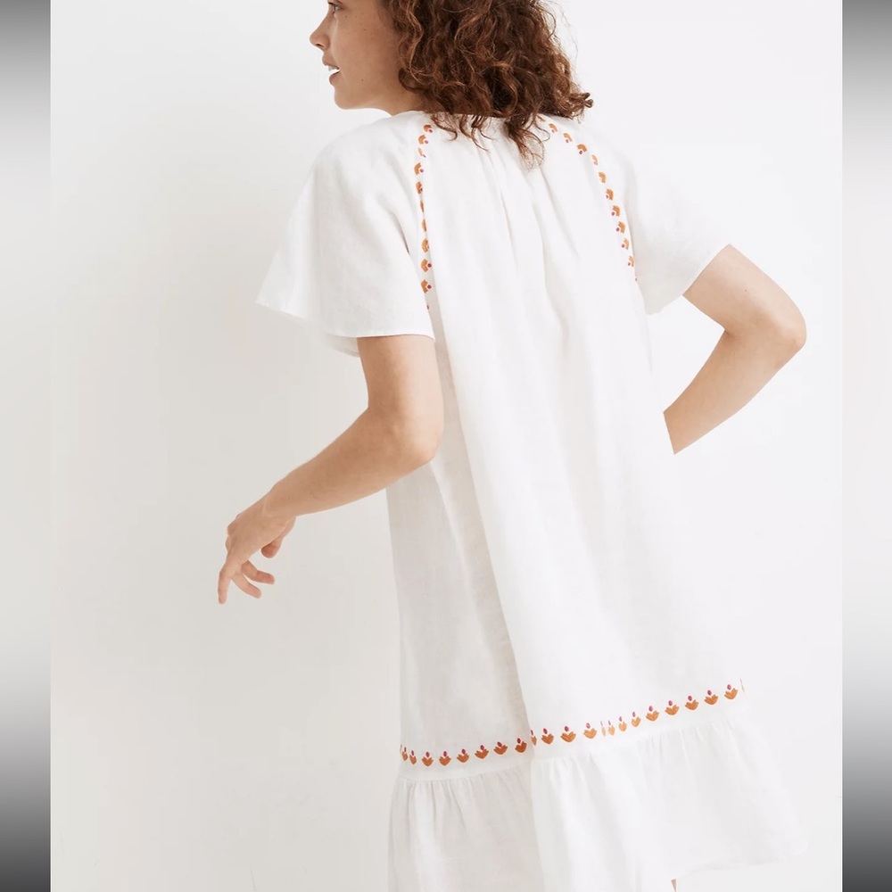 Madewell Embroidered Linen-Blend Raglan Ruffle Mini Dress Size Extra Small - Picture 2 of 11